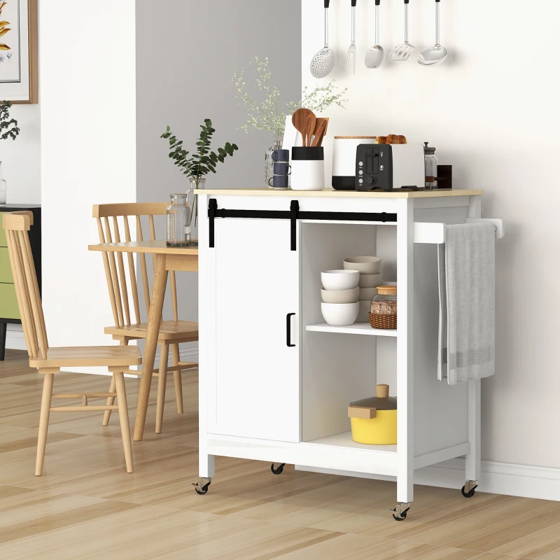 HOMCOM Desserte sur roulettes étagère et porte coulissante à galandage plateau en bois 88,5 x 45 x 91,5 cm blanc