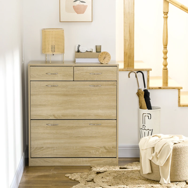 HOMCOM Mobile Scarpiera in Truciolato con 2 Ripiani Interni Regolabili e 2 Cassetti, 80x30x91.5 cm