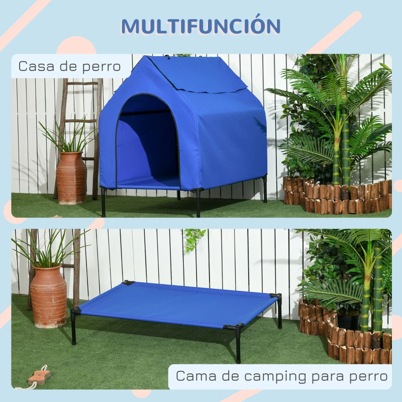 PawHut Caseta para Perros Grandes 110x76x110 cm Cama Elevada para Mascotas con Cubierta Desmontable y Ventanas de Malla Azul