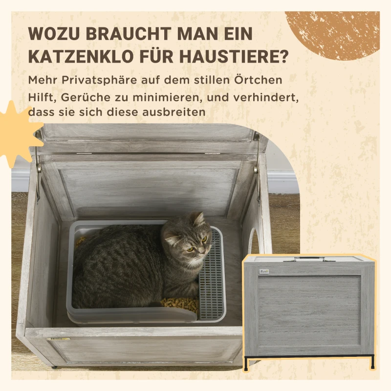 PawHut Szafka na kuwetę dla kota, kuweta z drzwiami, domek dla kota z uchwytem, jasnoszary