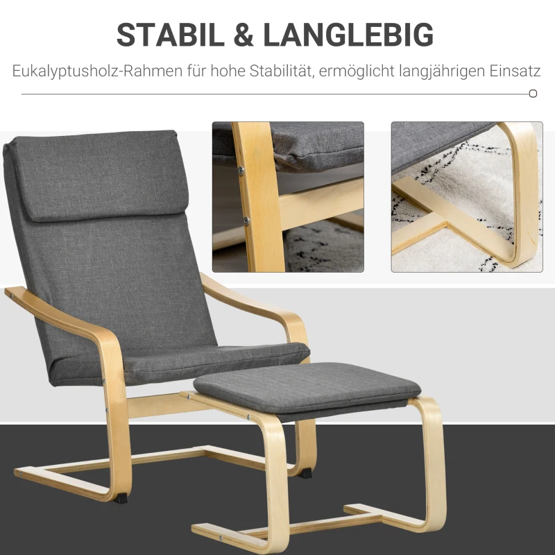 HOMCOM Fauteuil met voetenbank, fauteuilset, linnenlook, massief hout, grijs+naturel