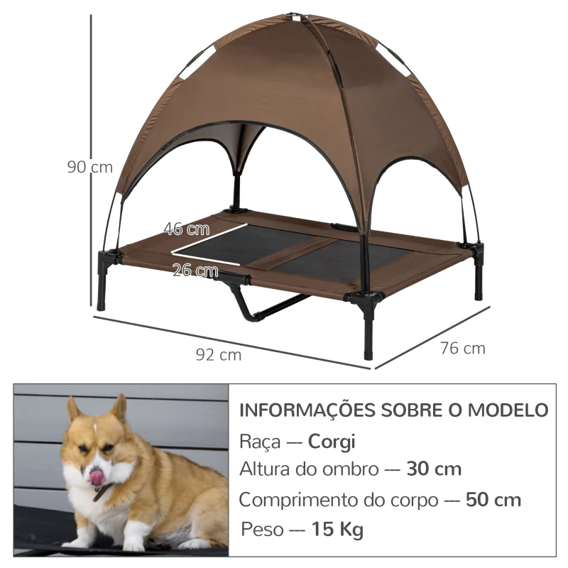 PawHut Cama Elevada para Animais de Estimação Portátil com Toldo Amovível Tecido Respirável 92x76x90cm Marrom