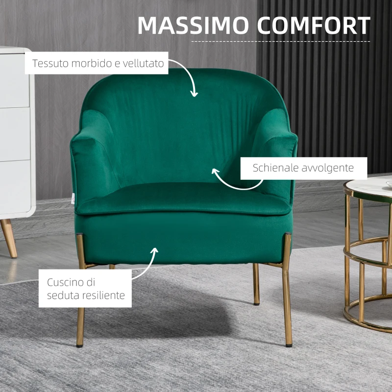 HOMCOM Poltrona da Camera da Letto in Tessuto Effetto Velluto con Gambe in Acciaio, 62x69x75 cm, Verde