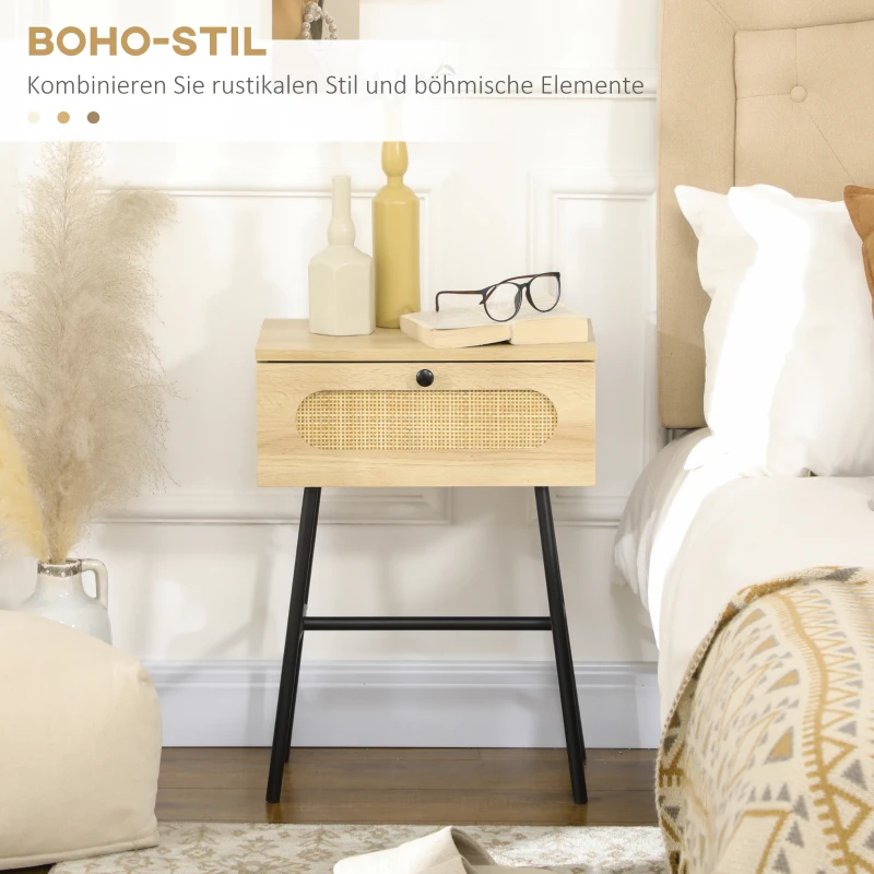 HOMCOM Beistelltisch mit Schublade, Rattandekor, Naturholzoptik, 45 x 29 x 61,5cm