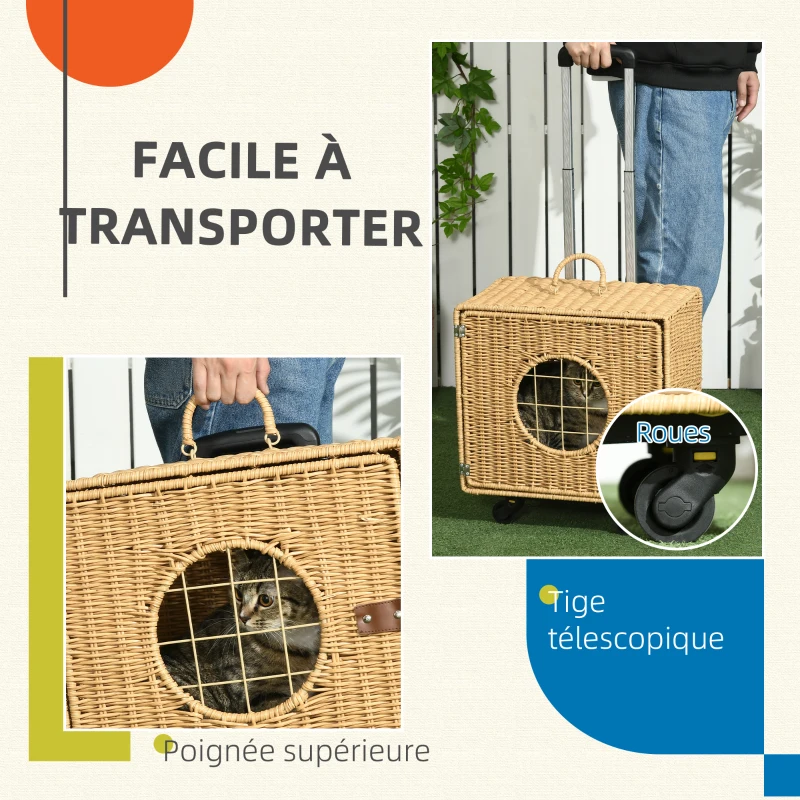 PawHut Caisse de transport pour chat avec roulettes et poignée télescopique en résine tressée effet rotin coussin inclus marron
