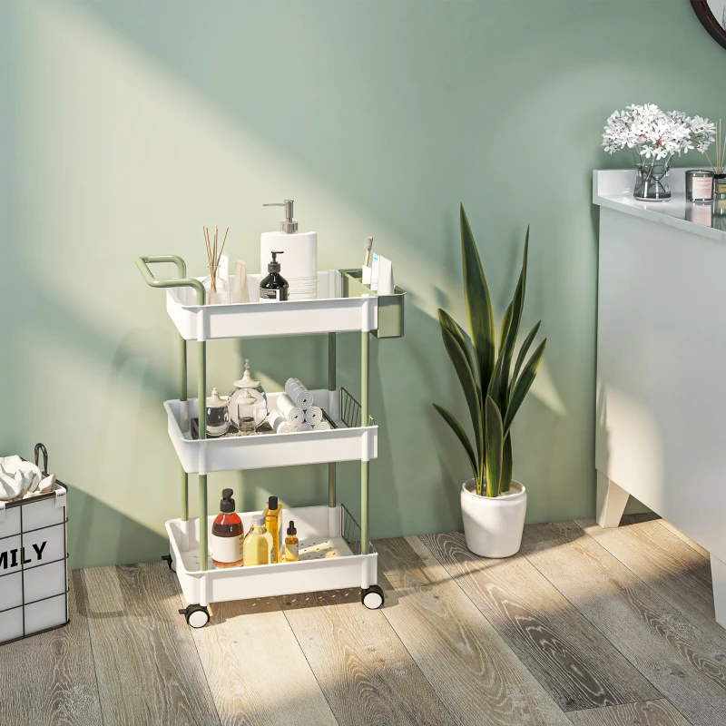 HOMCOM Trolley, 3 verdiepingen, hangmand, duwhandgreep, 4 wielen, metalen frame, wit, 50 x 29,4 x 77 cm