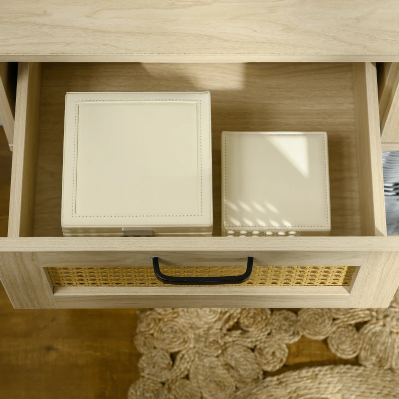 HOMCOM Mesa Consola Mueble Recibidor con 2 Cajones de Rejilla de Ratán Estante de Almacenaje Marco de Metal 90x35x82,5cm Roble