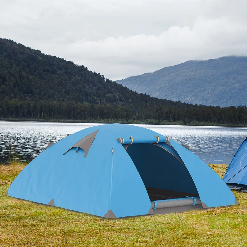 Outsunny Tente de camping 2-3 personnes dôme légère ventilée avec portes zippées sac de transport inclus 268 x 214 x 103 cm bleu