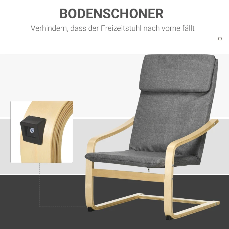 HOMCOM Fauteuil in linnenlook met hoofdsteun en armleuningen, houten frame, grijs+naturel