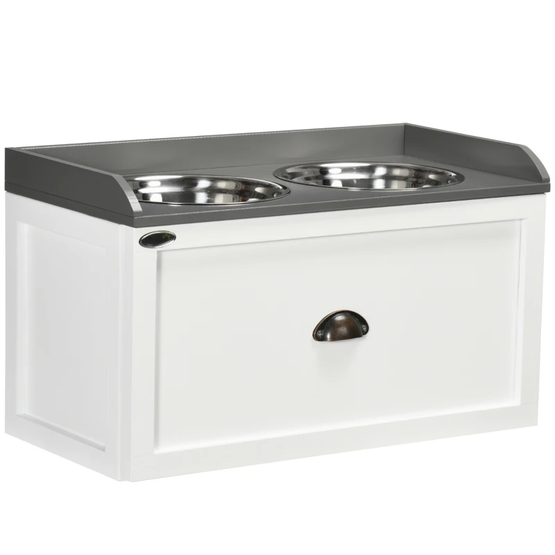 PawHut Comedouro Elevado para Cães com 2 Tigelas 2000ml de Aço Inoxidável Gaveta Oculta com Suporte de Madeira 60x30x36cm Branco