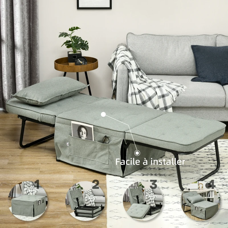 HOMCOM Fauteuil chauffeuse convertible 4 en 1 dossier inclinable 5 position avec coussin 180 x 64 x 40 cm gris clair