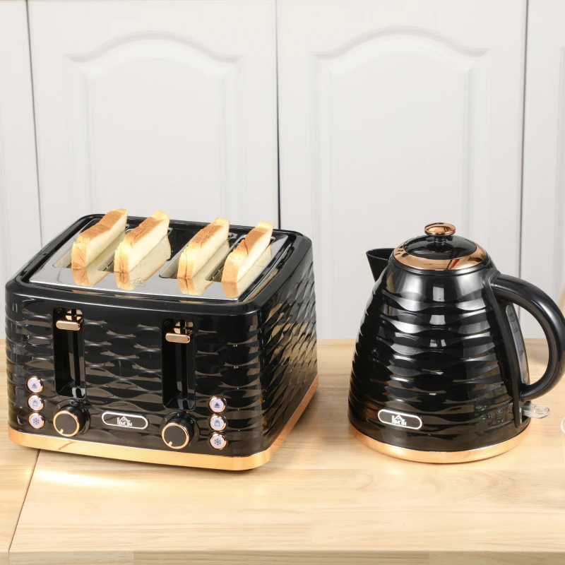 HOMCOM Kettle and Toaster Sets, 3000W 1.7L Rapid Boil Kettle & 4 Slice Toaster with 7 Browning Controls, Defrost, Reheat and Crumb Tray, Otter thermostat, Black(m-7)