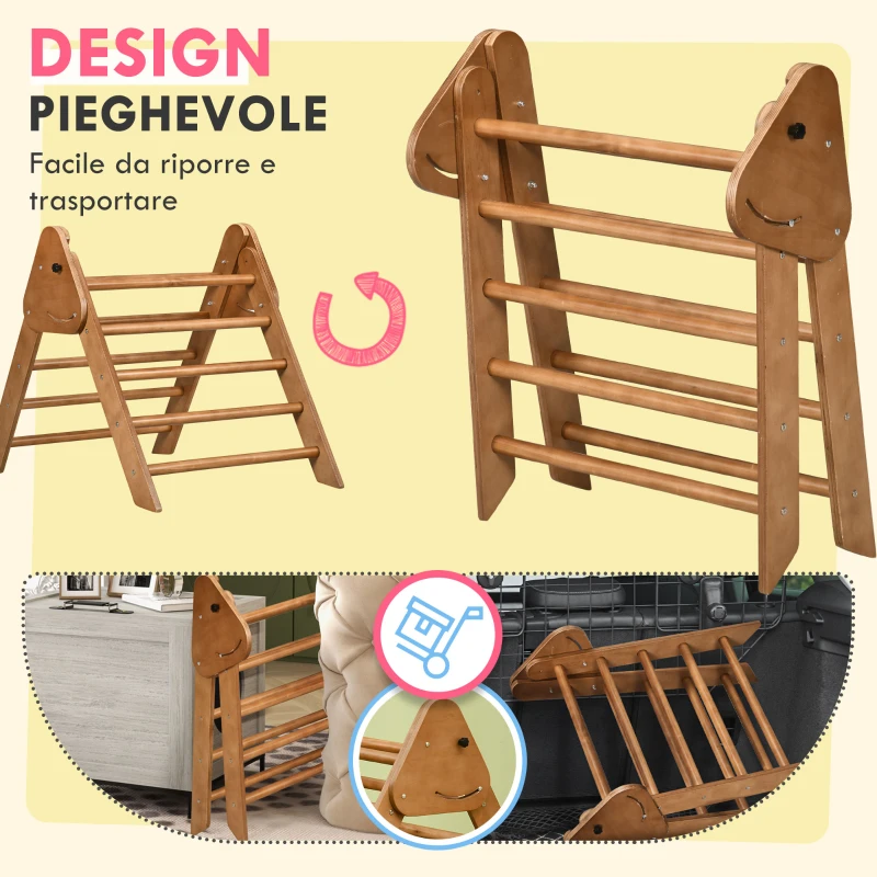 HOMCOM Triangolo da Arrampicata Pieghevole per Bambini 3+ Anni in Legno di Faggio, 90x64x70 cm, Marrone chiaro