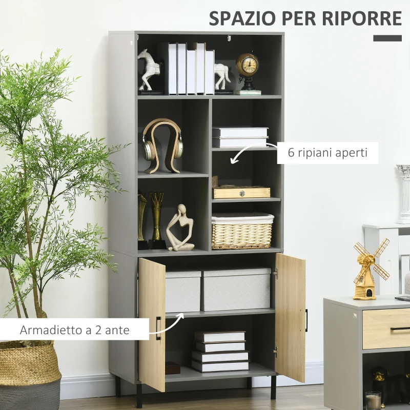 HOMCOM Credenza da Cucina in Truciolato e Metallo con 6 Ripiani Aperti e Armadietto a 2 Livelli, 76x40x179 cm