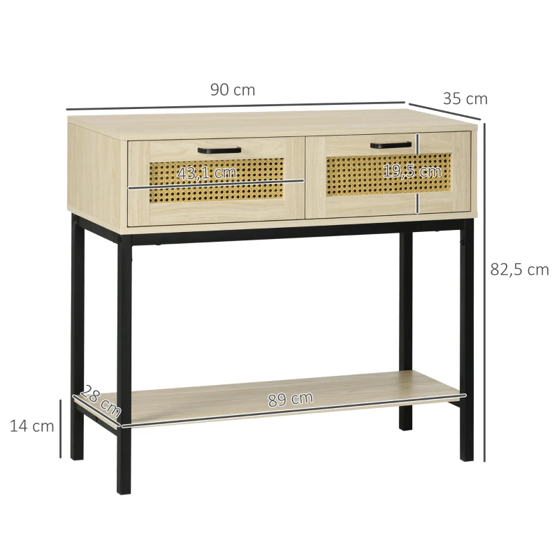 HOMCOM Mesa Consola Mueble Recibidor con 2 Cajones de Rejilla de Ratán Estante de Almacenaje Marco de Metal 90x35x82,5cm Roble