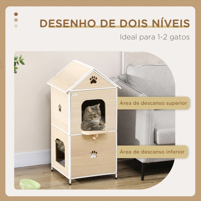 PawHut Casa para Gatos com 2 Níveis Estilo Cabana com 2 Almofadas Laváveis e Plataforma Lateral 47x40x90 cm Madeira e Branco