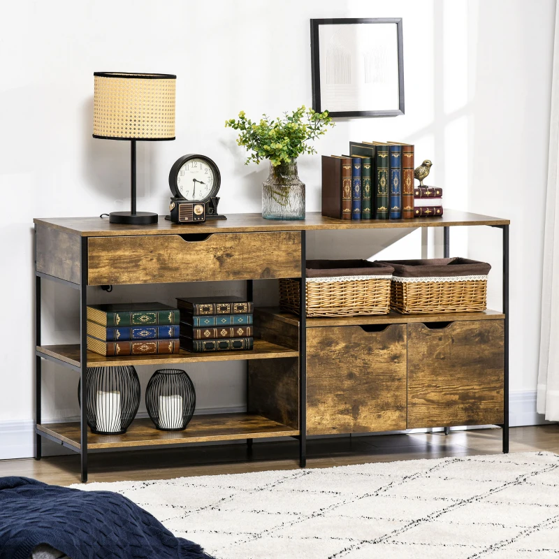 HOMCOM Mobile in Stile Industriale con Cassetto e Armadietto in Legno e Acciaio, 147x40x77cm, Marrone