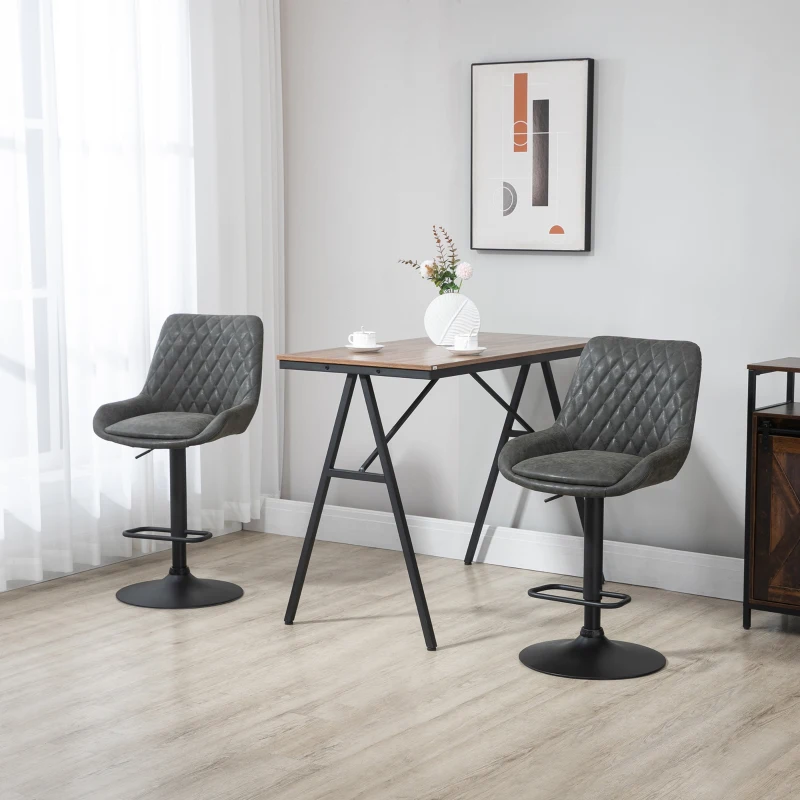 HOMCOM Retro Bar Stools Set of 2, Adjustable Kitchen Stool, Upholstered Bar Chairs with Back, Swivel Seat, Dark Grey(m-10)