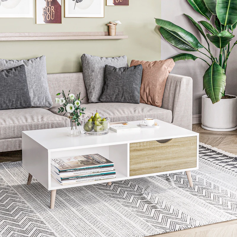 HOMCOM Tavolino Basso da Caffè in Truciolato e Metallo per Soggiorno, Ingresso e Studio, 106x58x39.5 cm, Bianco