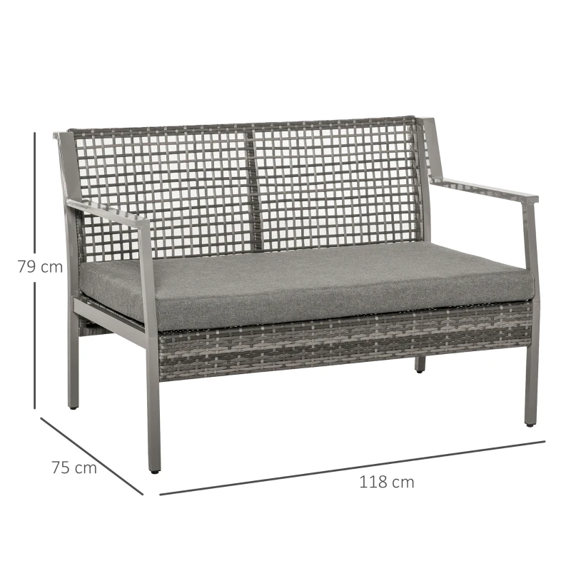Outsunny Banco de Exterior de Vime com Estrutura de Alumínio Banco de 2 Lugares com Almofada Amovível 118x75x79 cm Cinza