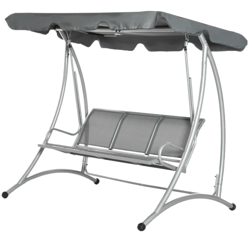 Outsunny Three Person Steel Outdoor Porch Swing Chair Bench w/ Canopy Cover Grey