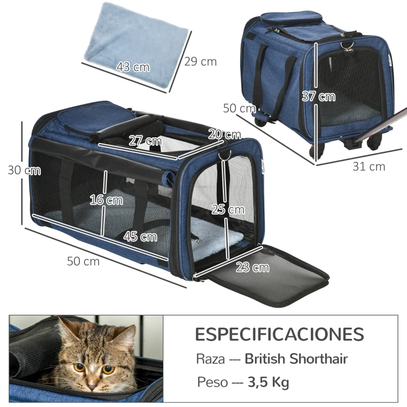 PawHut 4 en 1 Transportadora para Mascotas con Ruedas Carrito para Mascotas Bolsa de Transporte para Perros 50x31x37 cm Azul