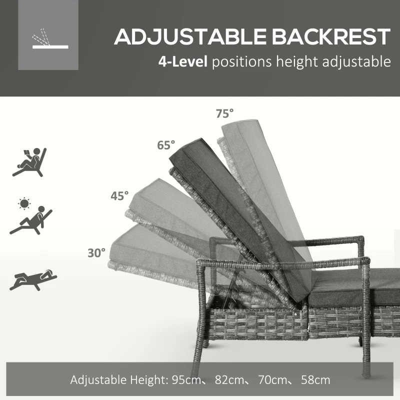 Outsunny PE Rattan Sun Loungers set of 2 with Cushion, Outdoor 2 Pieces Garden Sunbed Furniture with 4-Level Recliner Backrest, and Armrest, Grey