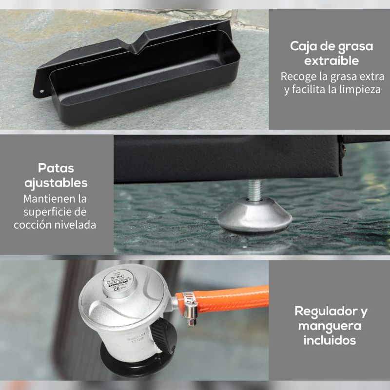 Outsunny Plancha de Gas Sobremesa con 2 Quemadores de Acero Inoxidable 6 kW con Plancha para Jardín Camping 48,5x46x21 cm Plata