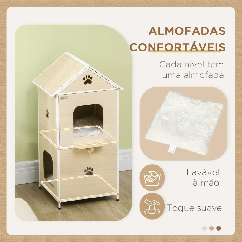PawHut Casa para Gatos com 2 Níveis Estilo Cabana com 2 Almofadas Laváveis e Plataforma Lateral 47x40x90 cm Madeira e Branco