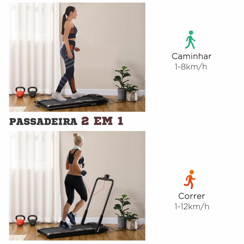 SPORTNOW Passadeira Dobrável 2 em 1 com Velocidade 12km/h Superfície de Corrida 36x105 cm e Controlo Remoto 135x65x105 cm Preto