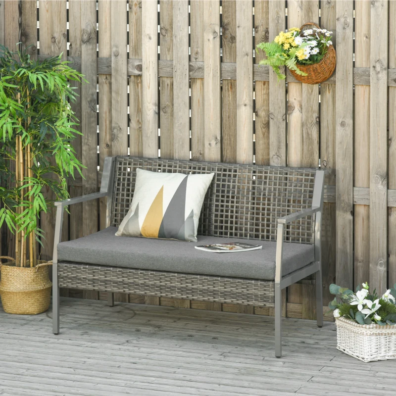 Outsunny Banco de Exterior de Vime com Estrutura de Alumínio Banco de 2 Lugares com Almofada Amovível 118x75x79 cm Cinza