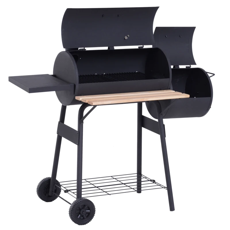 Outsunny Portable Charcoal BBQ Grill, Cold-rolled Steel, Solid Wood, 104H x 124L x53W cm-Black
