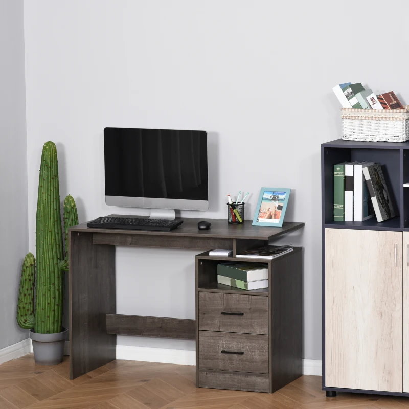 HOMCOM Computer Desk with Drawers and Storage Shelf, 107 x 48cm Writing Desk for Home Office, Study Workstation, Grey