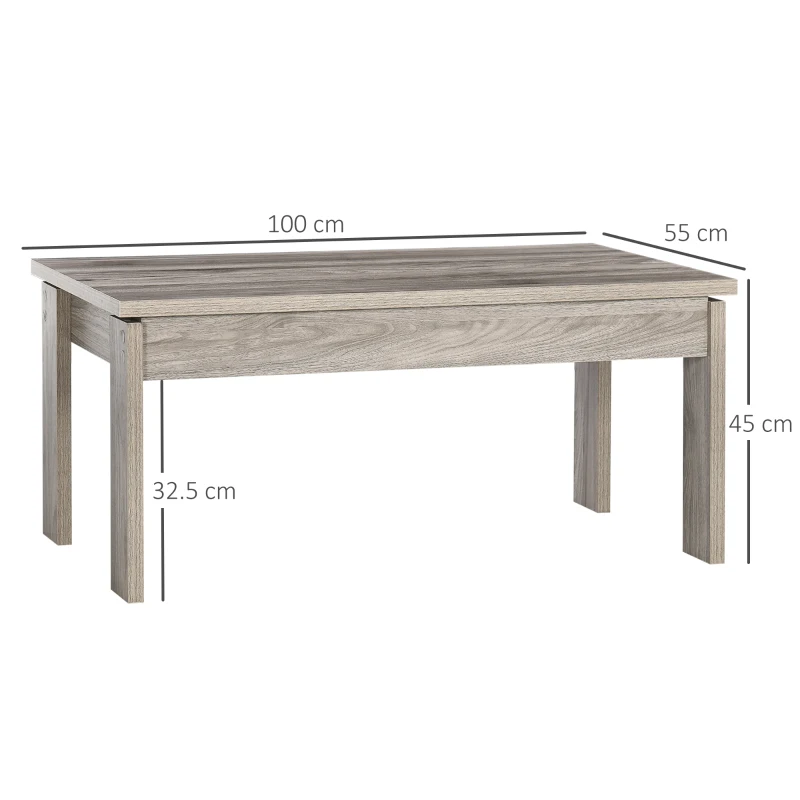 HOMCOM Tavolino Basso da Caffè in Truciolato Grigio per Soggiorno e Studio con Piano Rettangolare e 4 Gambe, 100x55x45 cm