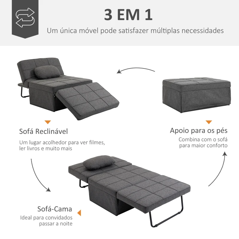 HOMCOM Sofá Cama Individual 3 em 1 Estofado em Linho Reclinável em 5 Posições com Apoio para os Pés e Apoio para a Cabeça 95x189x43cm Cinza