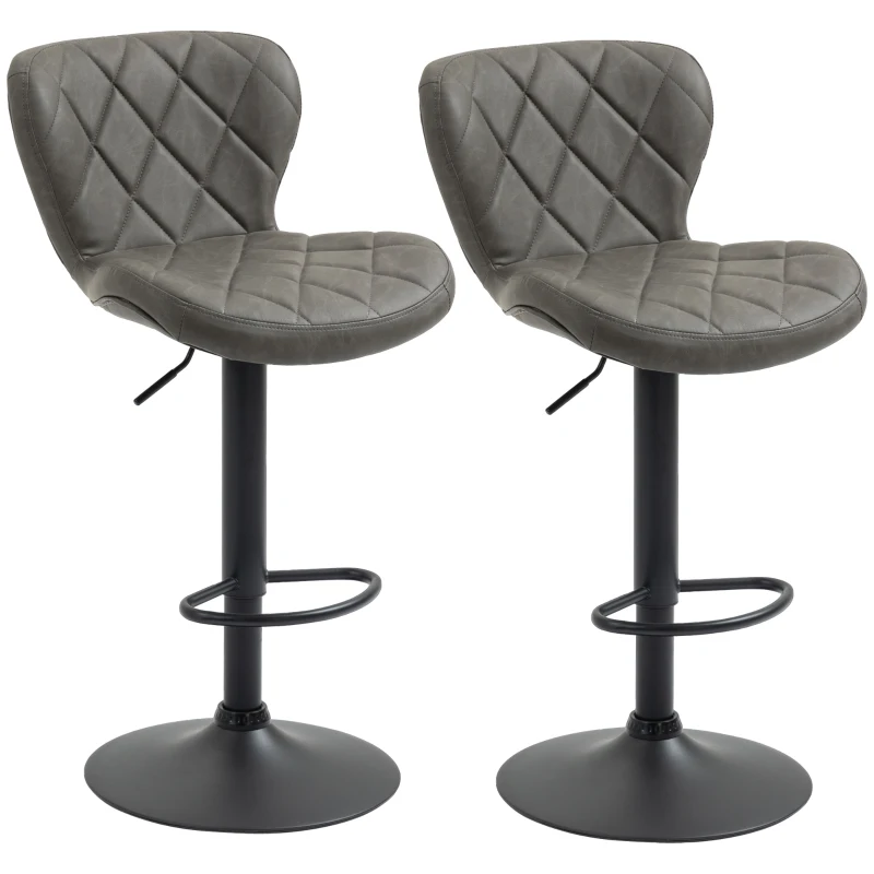 HOMCOM Bar Stools, Set of 2 Breakfast Bar Chairs, Swivel Barstools with Backrest and Footrest, Steel Frame Diamond Pattern PU, for Kitchen Counter, Dining Room, Dark Grey