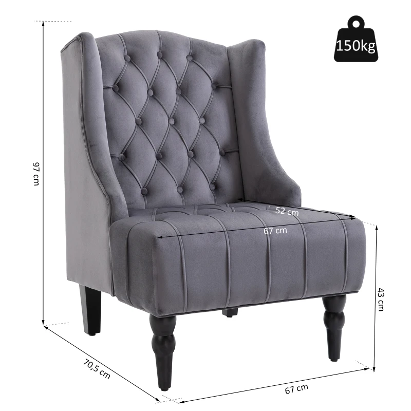 Pojedynczy fotel z tuftowanymi podnoszonymi nogami aksamitny szary 67 x 70,5 x 97 cm HOMCOM®