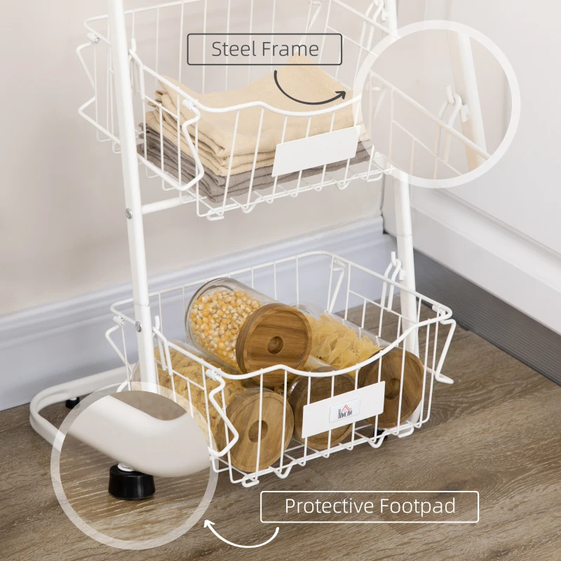 HOMCOM Fruteira Cesto para Frutas e Verduras de 3 Níveis com Cestos Amovíveis e Empilháveis de Aço 42,5x36,5x91cm Branco