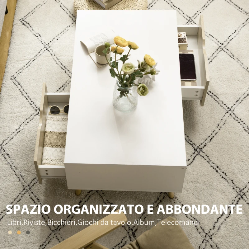 HOMCOM Tavolino Basso da Caffè in Truciolato e Metallo per Soggiorno, Ingresso e Studio, 106x58x39.5 cm, Bianco