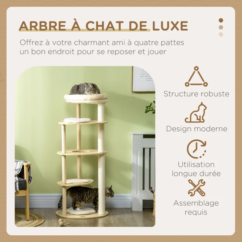 PawHut Arbre à chat griffoir grattoir avec poteaux sisal coussin amovible plateforme peluche et bois hauteur 123,5 cm beige