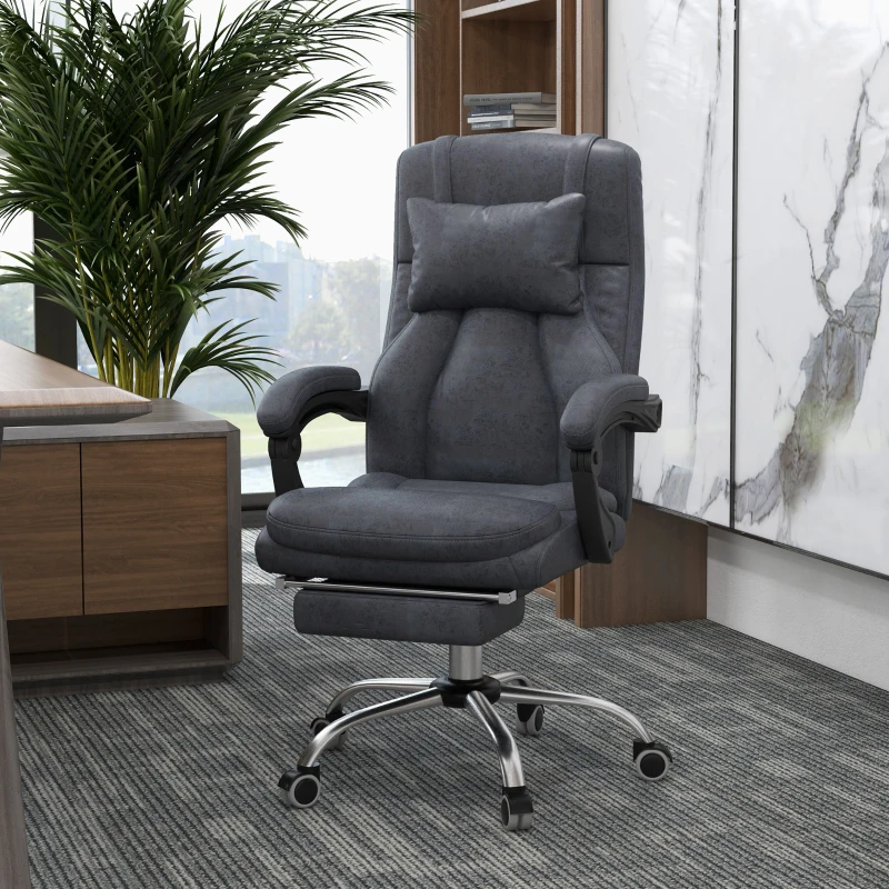 Vinsetto Office Chair with Lumbar Massage, 135° Reclining Computer Chair with Adjustable Headrest, Retractable Footrest, 10cm Double Padded Seat, Microfiber Fabric, Metal Base, Dark Grey