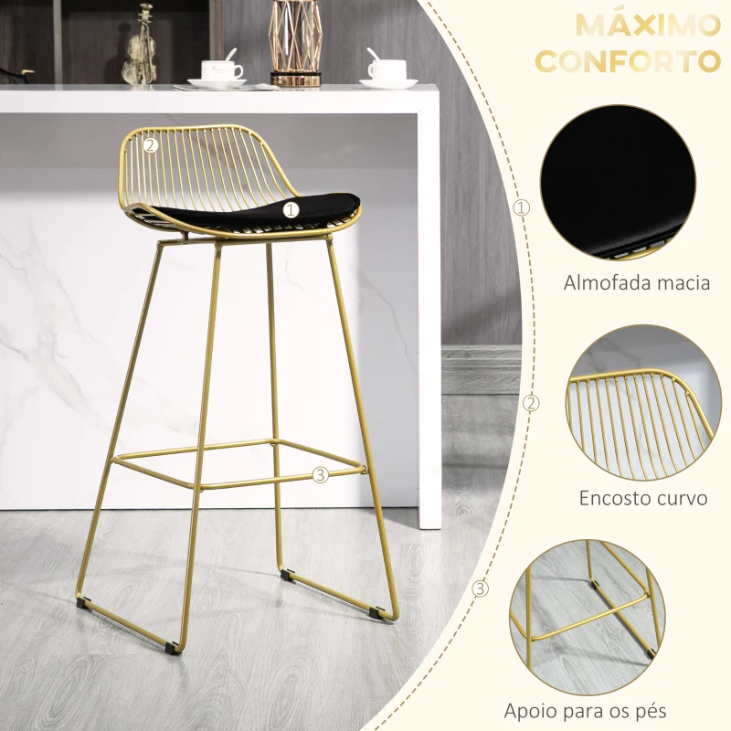 HOMCOM Conjunto de 2 Bancos Altos Moderno com Almofada de Veludo Encosto e Apoio para os Pés Carga 120 kg 46,5x48x93 cm Dourado