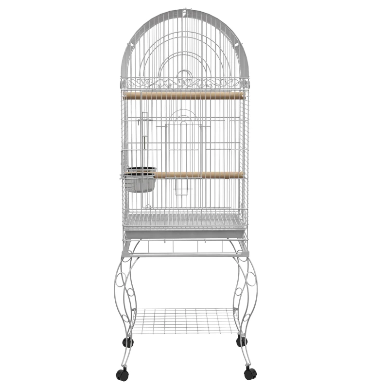 PawHut Gaiola para Pássaros com Rodas Bandeja Amovível Prateleira 2 Comedouros de Aço Inoxidável e Poleiro 51x51x153 cm Branco