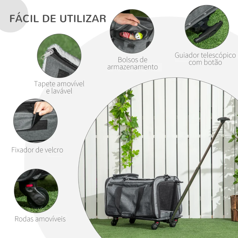 PawHut Transportadora para Animais de Estimação 4 em 1 com Rodas Bolsa de Transporte para Cães e Gatos 50x31x37 cm Cinza