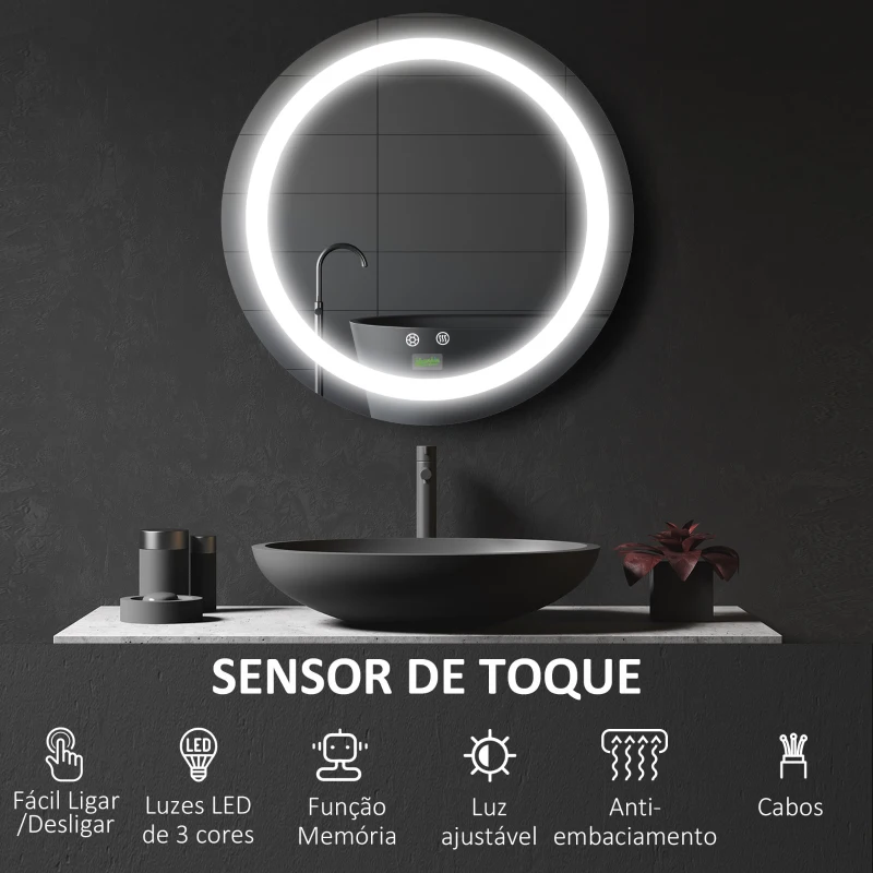 kleankin Espelho Casa de Banho Redondo com Luz LED com 3 Luzes Ajustáveis Função de Memória e Anti-Embaciamento Ø50x4,6cm Prata