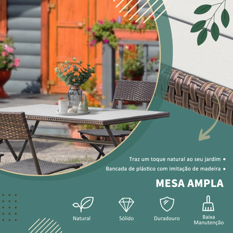 Outsunny Conjunto de Refeição de Vime Conjunto de Refeição 7 Peças com Mesa e 6 Cadeiras Dobráveis para Jardim Exterior Pátio Varanda Marrom