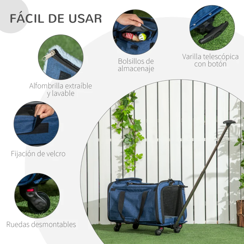 PawHut 4 en 1 Transportadora para Mascotas con Ruedas Carrito para Mascotas Bolsa de Transporte para Perros 50x31x37 cm Azul