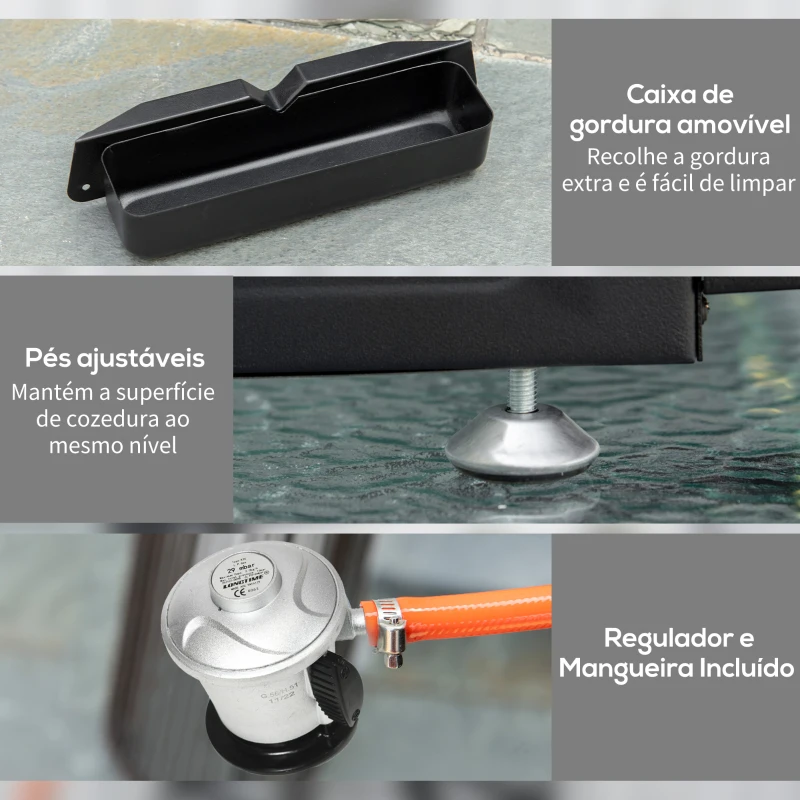 Outsunny Chapa a Gás de Mesa com 2 Queimadores de Aço Inoxidável 6 kW Portátil para Piquenique Campismo 48,5x46x21 cm Preto e Prata