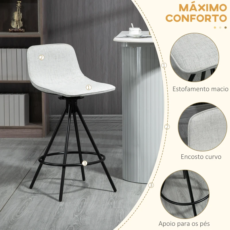 HOMCOM Conjunto de 2 Bancos Altos com Assento Giratório Estofados com Tato de Linho e Encosto e Pés de Aço 41,5x47,5x90 cm Cinza Claro