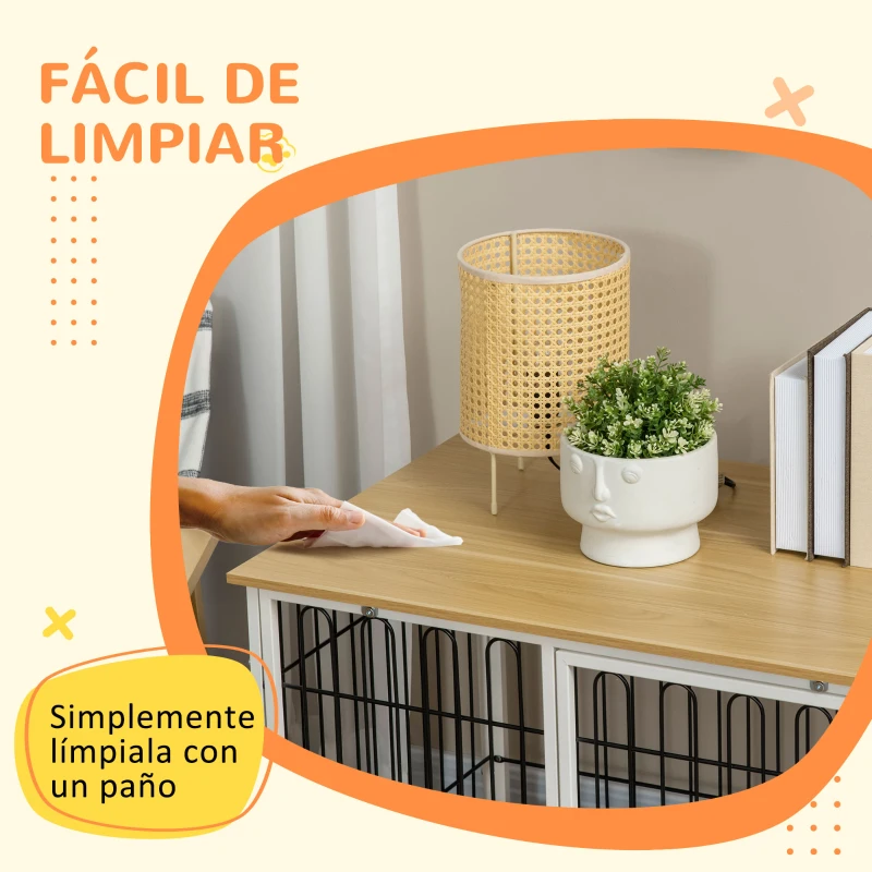 PawHut Jaula para Perros para Interior con Encimera Mesa con Perrera con Pestillo y Cojín 90x58x62,5 cm Roble y Blanco